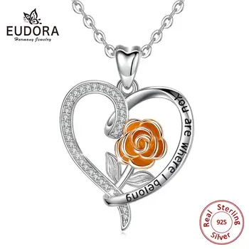 

Eudora 925 sterling silver Rose gold color Rose Pendant necklace Heart Jewelry you are only I belong Design Style Charm D463-1