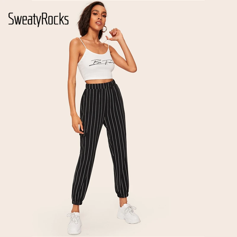 Черные укороченные штаны в Вертикальную Полоску с косыми карманами SweatyRocks одежда для активного отдыха брюки-галифе осенние женские повседневные штаны для активного отдыха