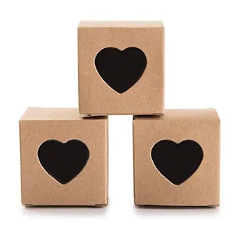 

50pcs Kraft paper Gift Box for jewelry 2x2x2 inch with Clear Plastic Heart Window for Candy Treat box Gift 4 colors