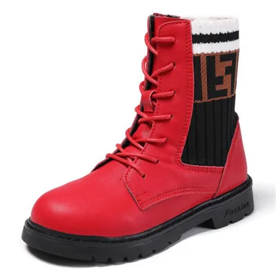 Новые осенне-зимние ботинки для девочек, теплые кожаные ботинки, детские высокие ботинки Maritn, Модная вязаная обувь для девочек, детские повседневные кроссовки - Цвет: Красный