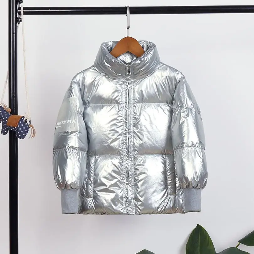 Модное пуховое пальто из глянцевой ткани; зимняя теплая куртка на утином пуху с капюшоном; детская верхняя одежда; большие размеры; Y2146 - Цвет: silver