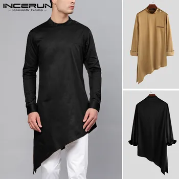 

Vintage Men Shirts Indian Clothes Stand Collar Solid Irregular Hem Men Long Shirts Retro Long Sleeve Muslim Kaftan INCERUN S-5XL