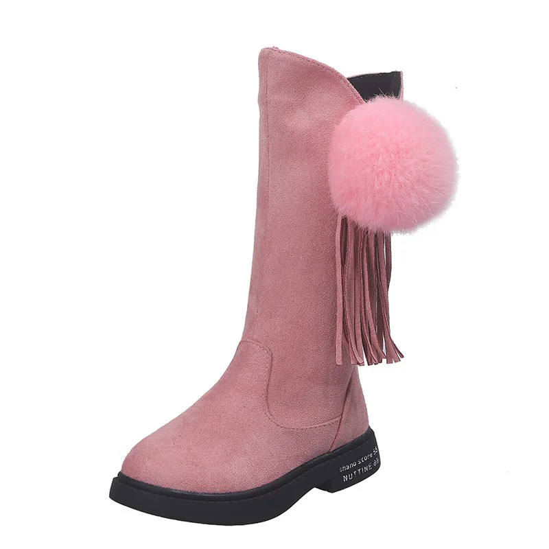 Pink Размеры 27-37 зимние ботинки для девушки, новинка, в Корейском стиле; модная обувь с бахромой с меховыми помпонами для детей; высокие сапоги для больших детей; вельветовые сапоги "принцесса" - Цвет: Pink