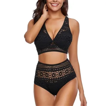 

2020 Retro Lace Crochet V-neckline Swimsuit High Waisted Bikinis Set Black/White/Blue Women Two Pieces Swimwear Vintage Biquini