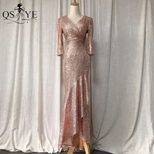 

Shiny Gold Short Evening Dresses Mermaid Sequin Prom Gown V Neck Glitter Party Dress Half Long Sleeves High Low Formal Gown Chic
