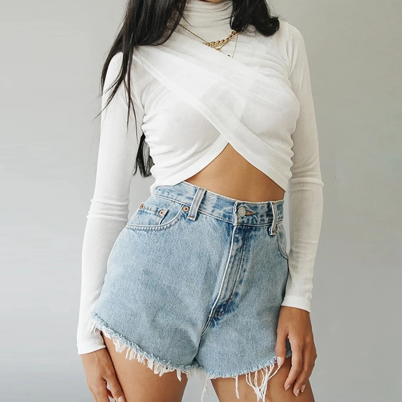 Korean Version Solid Color Crop Top for Women Autumn Sweet Enegant High Neck Long Sleeve T Shirt Basic Tees