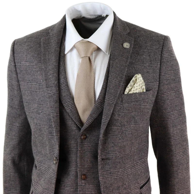 Коричневые мужские костюмы из шерсти 3 шт клетчатый костюм Homme Tweed Fit Peaky Blinders Gatsby 1920s костюм