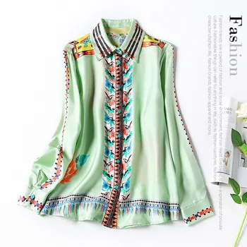 

New Silk twill long sleeve shirt female 20 fresh green ou fei printed retro long sleeved mulberry silk blouse