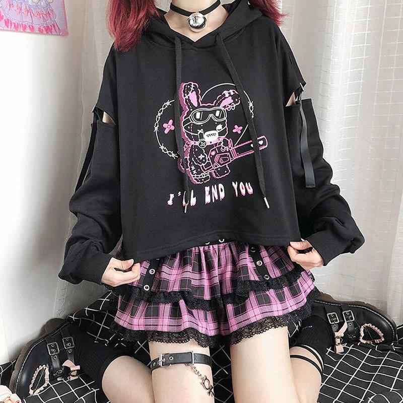 Women Harajuku Kpop Gothic Punk Alt Kawaii Sweatshirt Hoodie Bunny Print Hoody Aesthetic Tee Black Grunge Emo Clothes Hoodies Sweatshirts Aliexpress