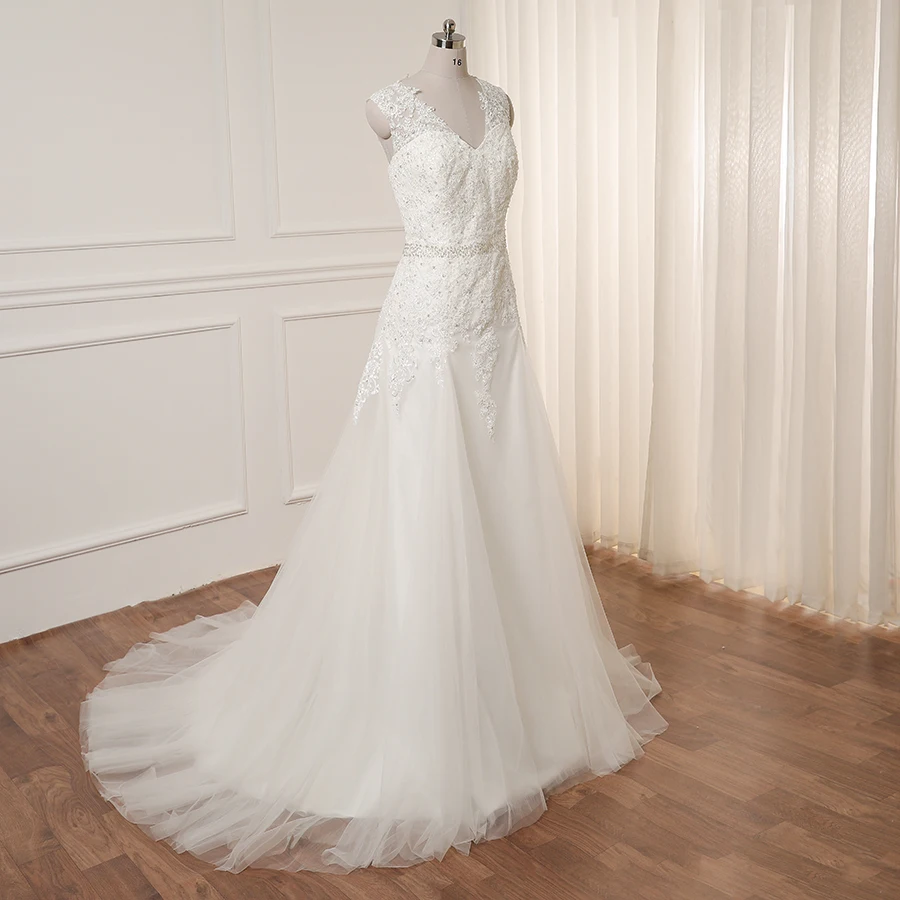 ADLN свадебное платье Vestido De Noiva с рукавом-крылышком и аппликацией из бисера, Тюлевое свадебное платье для невесты, платье на молнии сзади