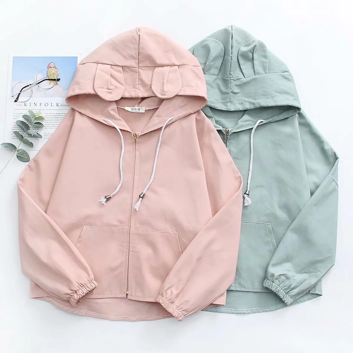 WOMEN'S Dress Spring And Autumn New Style Korean-style Hooded Bear Ear Back Lettered Jacket Women's