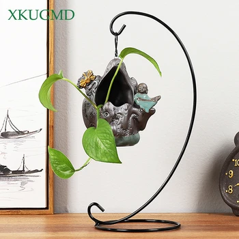 

Wrought Iron Frame Ceramic Flower Pot Monk Sculpture Hydroponic Plant Vase Desktop Flower Arrangement Container Home Decoration