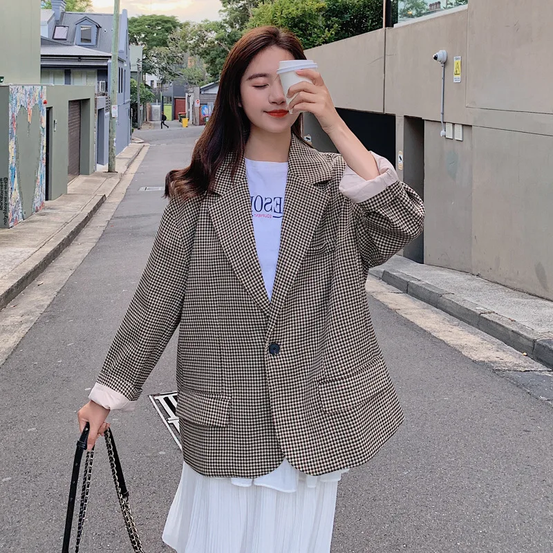 

Photo Shoot Small Suit Coat Women's Korean-style Students British Style Loose Casual Versatile Plaid Waist Hugging Slimming Suit