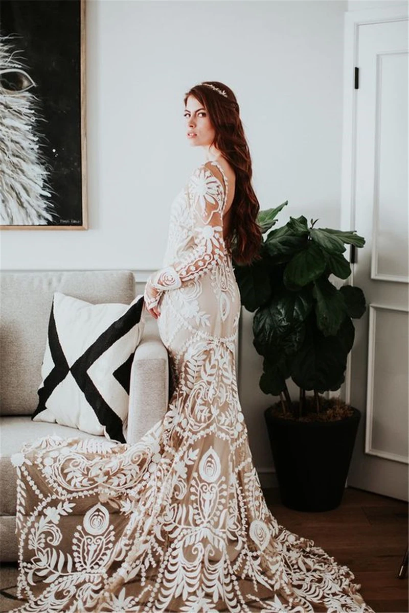 blue wedding dress 4055# Real Photos Two Piece Long Sleeve V Neck Open Back Sheath Slit Bohemian Sweep Train  Lace Wedding Dress Bride Gown 2021 wedding dress for women