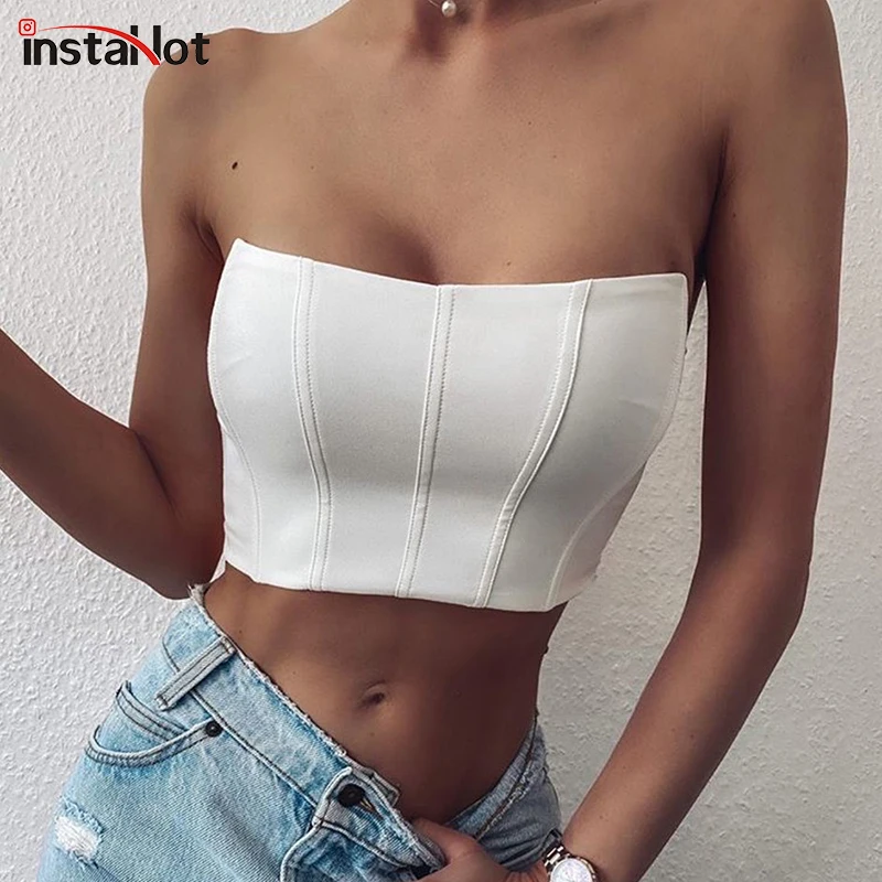 

InstaHot Summer Tube Top Women Strapless Tank Tops Elegant Slim Casual Crop Tops Solid White Female Streetwear Vest 2020 Tank