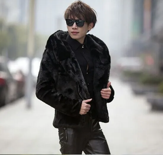 Winter Mens Faux Fur Coats Jacket Gothic Hooded Zipper Slim Short Design Parka Plus Size S-6XL Black Mink Fur Overcoat S57