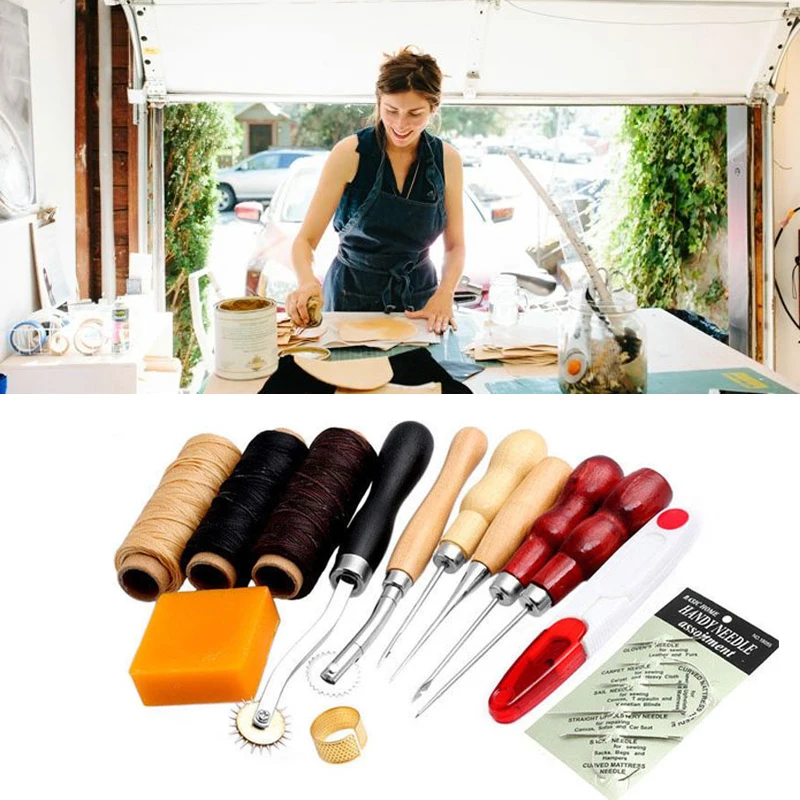 13 шт. Кожа ремесло сшивание стежка Швейные DIY Нитки шило Вощеные наперсток инструменты