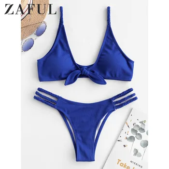 

ZAFUL Ribbed Braided Tied Bikini Set Tank Bikini 2020 Summer Solid Padded Bikini Low Waisted Straps Bikini Two Pieces Swimsuit