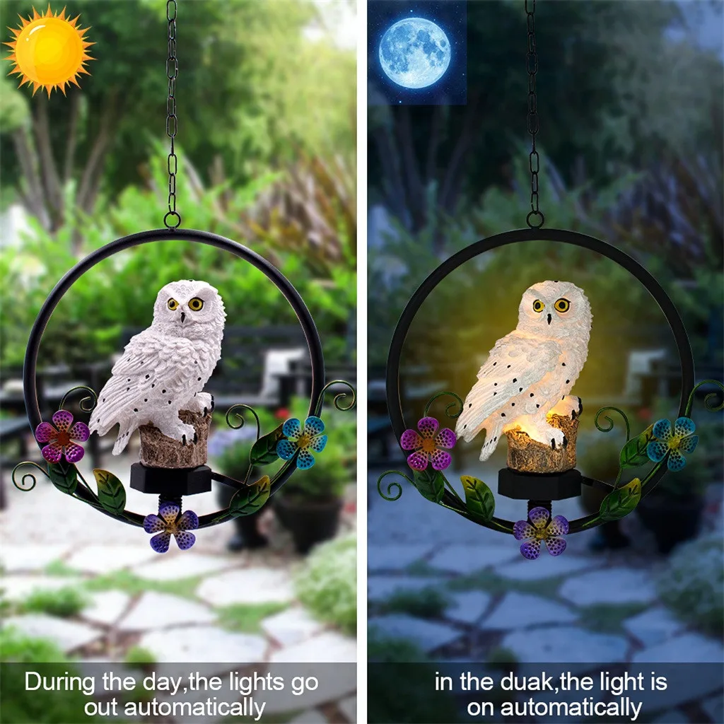 Solar Light Wind Chime Light Resin Owl Wrought Iron Wind Chime Light Garden Decoration Christmas Gift Festival Hanging Lamp