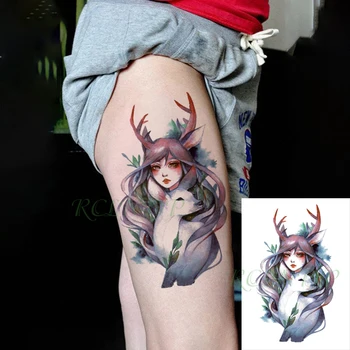 

Waterproof Temporary Tattoo Sticker Cartoon Girl Cute Deer Horn Plant Fake Tatto Flash Tatoo Back Leg Art for Women Men