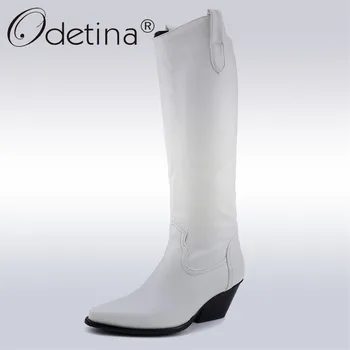 

Odetina New Women Strange High Heel Knee Boots Pointed Toe Slip On Winter Comfort Slouch Equestrian Riding Boots Plus Size 48