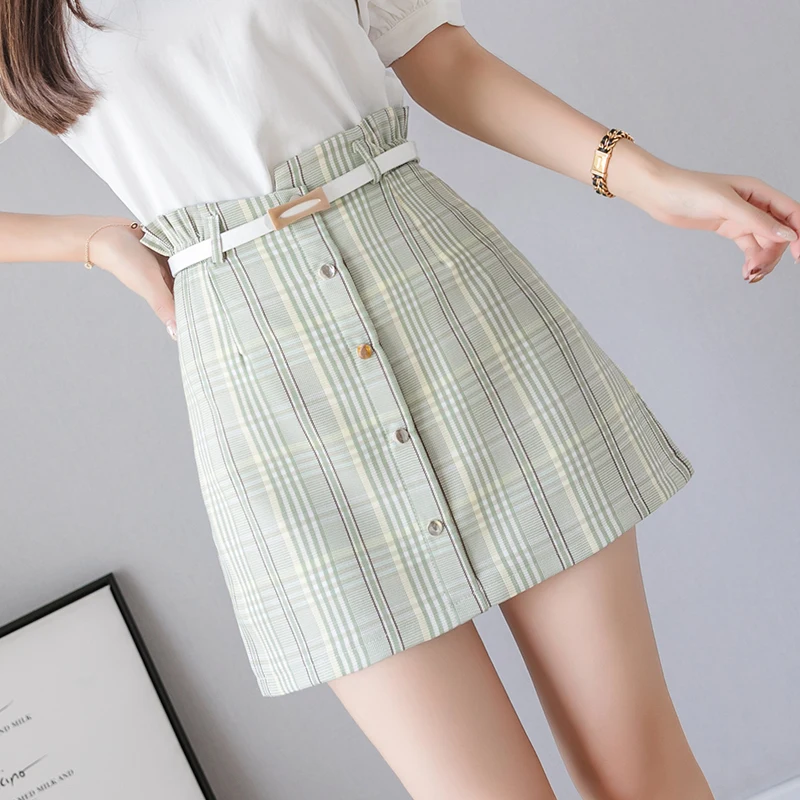 Клетчатая юбка из искусственной кожи корейский шикарный зеленый синий женский с высокой талией свободный девушка асимметричные юбки осень эстетическое выше колена