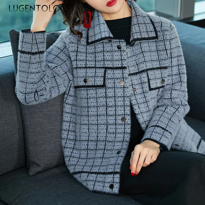 ^*Best Offers Lugentolo Sweater Women Autumn Winter Fashion Imitation Water Velvet Simple Temperament Knit Cardigan Short Plaid Jacket Female