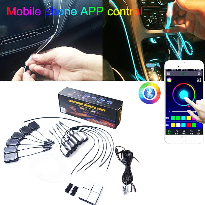 

6 Meter RGB Fiber Optic Atmosphere Lamps App Control 64Color NO Threading Decorative Dashboard Door with Foot light Car Interior