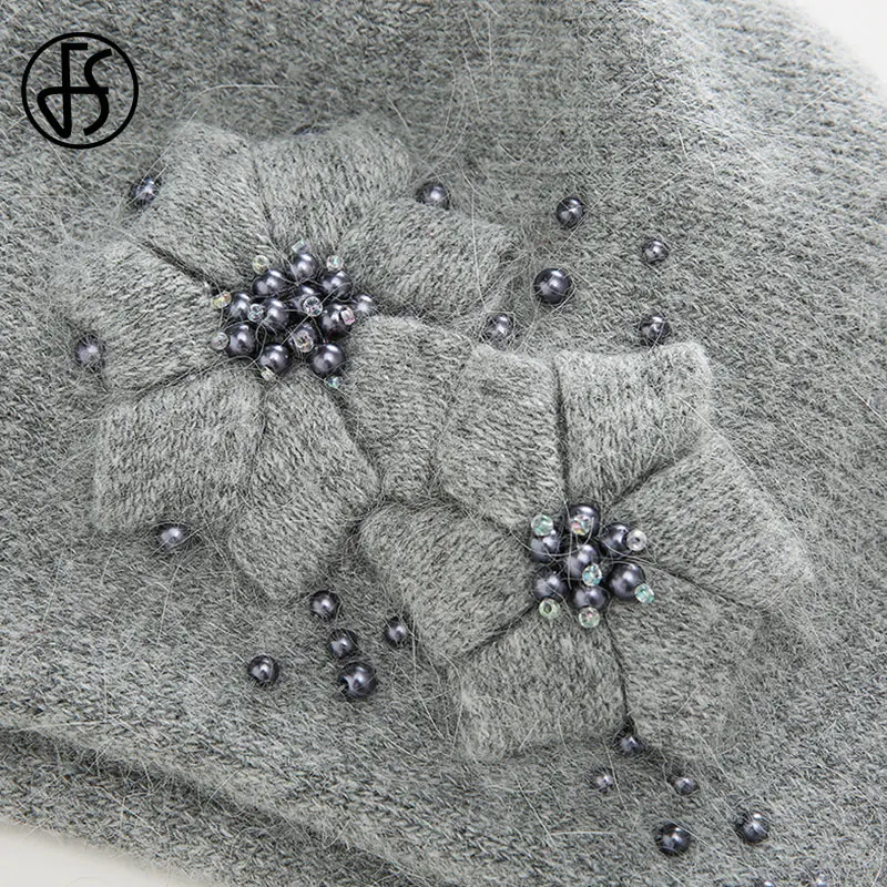 FS Winter Hats For Women Beanie Rabbit Fur 2023 Warm Knitted Hat Flower Double Layers Warm Beret Snow Caps Gorros Femme 4
