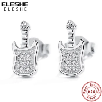 

ELESHE Authentic 925 Sterling Silver Stud Earrings Zirconia Crystal Rock Music Guitar Earrings For Women Wedding Fine Jewelry