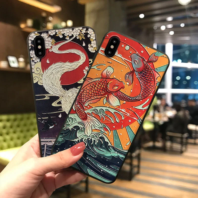 

3D Koi Luck Emboss Cover For iPhone 11 Pro Max 5 5S SE Capa Anime Coque For iPhone 7 8 6 6S Plus XS MAX XR X Case Silicone Shell