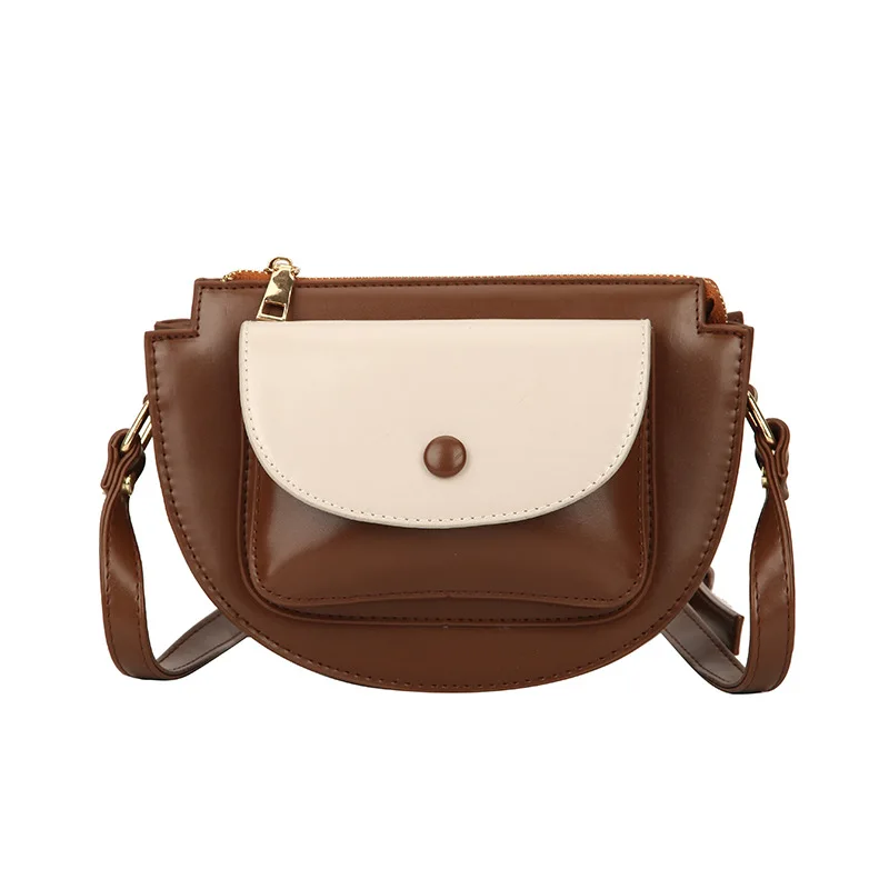 Mododiino Patchwork Saddle Bag Ladies Bag Contrast Color Shoulder Bag Simple Half Moon Women Bag Leather Crossbody Bag DNV1271 - Цвет: coffee