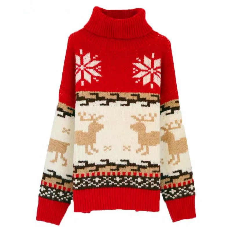 

LEH Women Winter Spring New Christmas Sweater Jumpers Snow Flake Elk Turtleneck Pullover Jumpers Oversize Winter Pull Femme