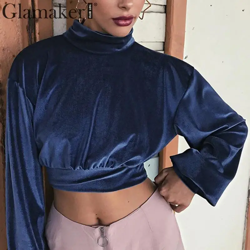 Glamaker бархатная короткая блузка с заниженным плечом Женская водолазка с длинным рукавом-фонариком Элегантная блузка Женская Осенняя Зимняя Сексуальная Блузка