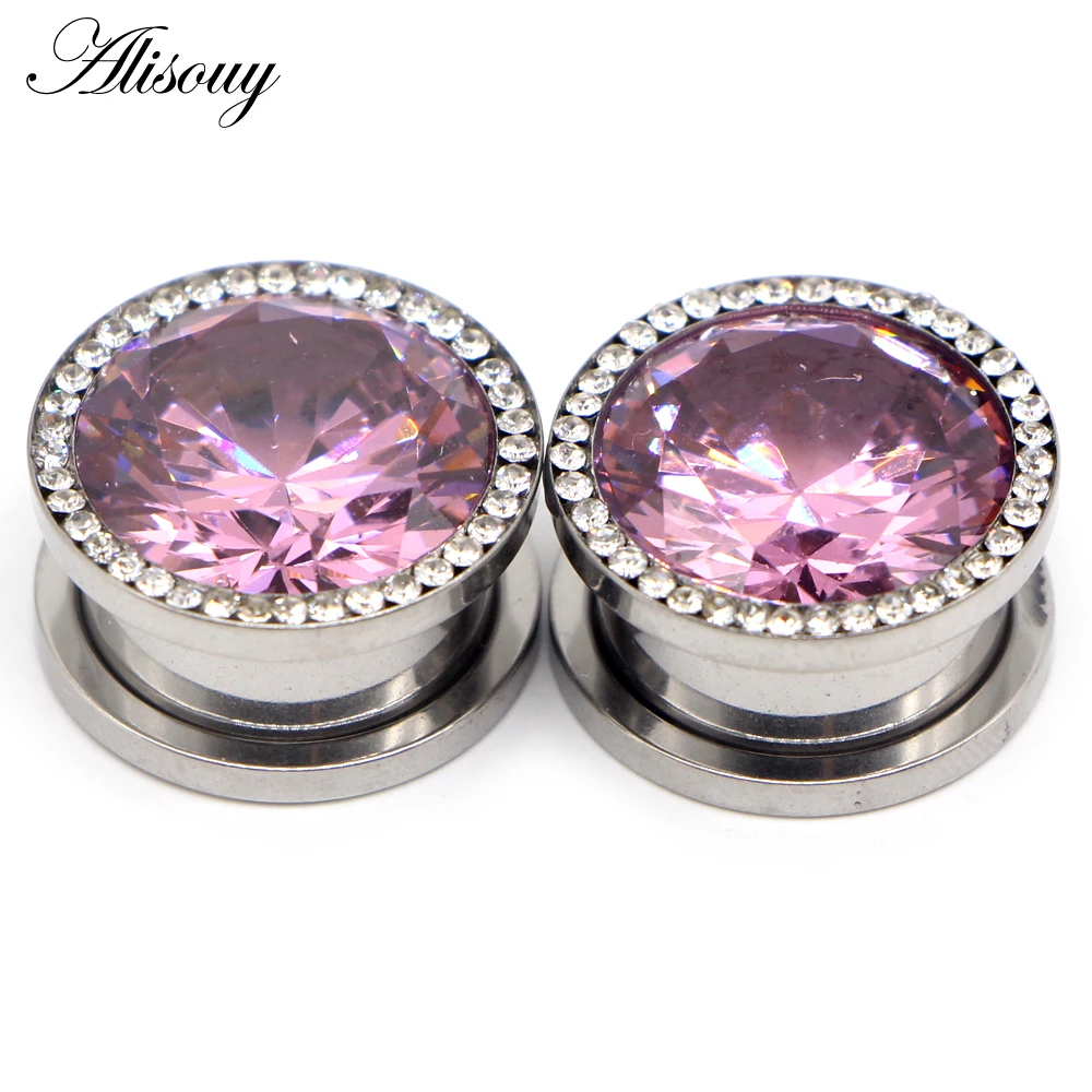 Alisouy 2pc Stainless Steel Top Quality Crystal Zircon Ear Tunnels Plug Screw Fit Colorful Ear Flesh Gauge Ear Expanders Jewelry