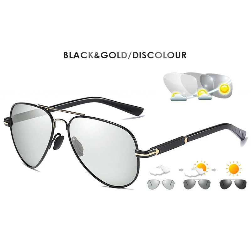 Мужские поляризационные фотохромные солнцезащитные очки с оправой из авиационного сплава, фирменный дизайн, мужские очки-авиаторы UV400, защитные очки для вождения - Цвет линз: Black gold-BS