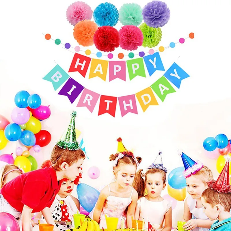

Birthday Paper Flag Banner Pull Flower Rainbow Color Birthday Party Decoration Set