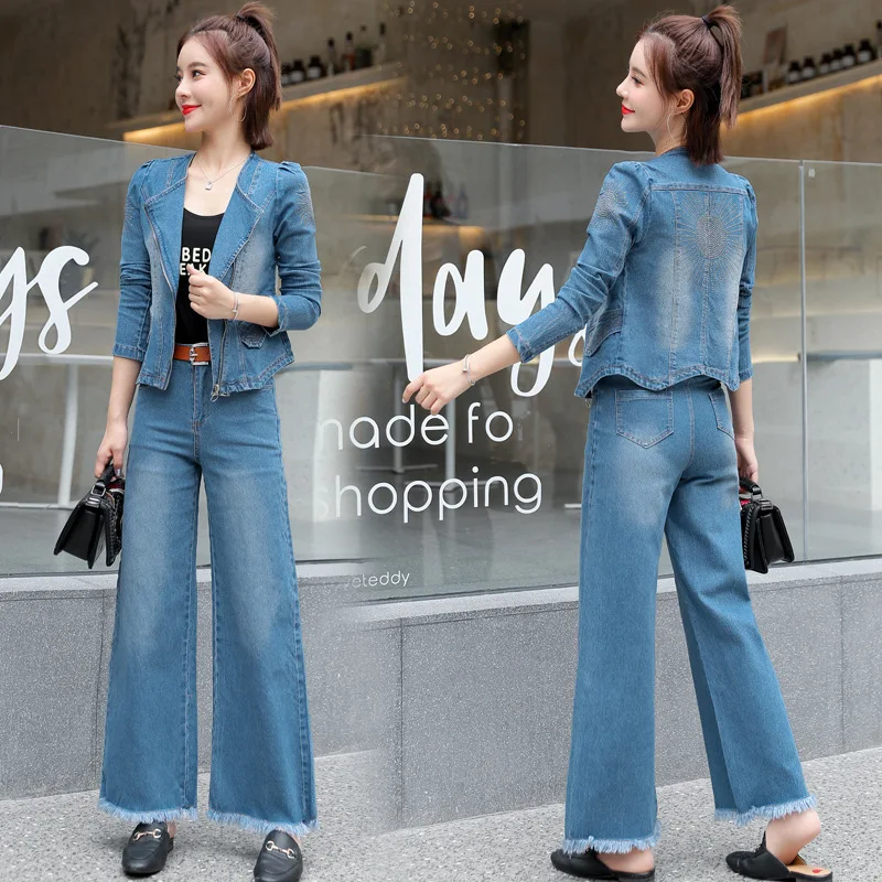 Korte Rits Denim Jas en Bell Bottom Broek Womens Casual Sets voor Vrouwen 2 Delige Set Kleding Dames Twee Stuk broek Pak Korte Rits Denim Jas en Bell Bottom Broek Womens Casual Sets voor Vrouwen 2 Delige Set Kleding Dames Twee Stuk broek Pak