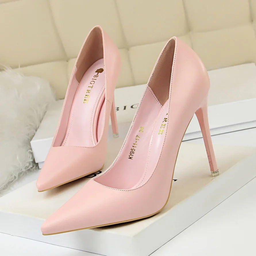 Осенние туфли на каблуке; женские розовые туфли-лодочки на высоком каблуке; офисные туфли на каблуке с острым носком; элегантные женские туфли синего цвета с острым носком; Размер 34 - Цвет: Розовый