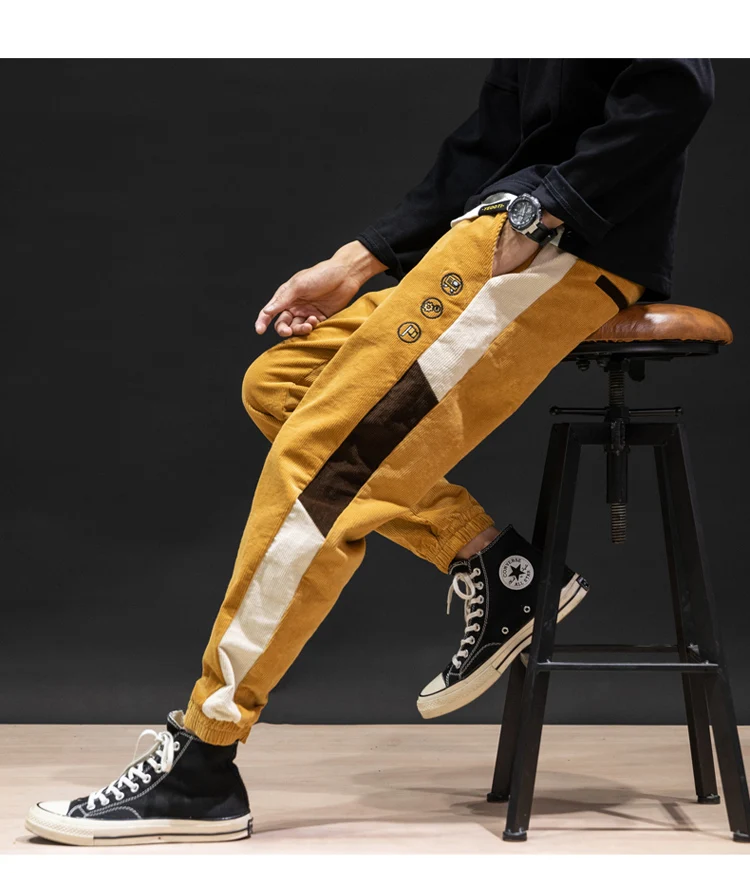 Men Fashion Cotton Corduroy Pants Sweatpants Autumn casual Pants stitching elastic Retro Harem pants tide trousers