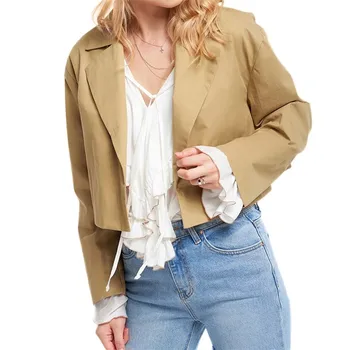 

Spring Autumn Loose Fashion Jacket Solid Color Long Sleeve SML Khaki Cotton Woman Casual Short Cargo Jackets Lady Streetwear