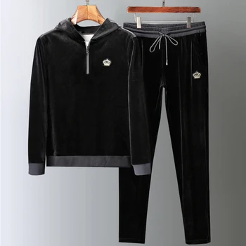 

Minglu Velvet Men Sets (hoodies+pants) Luxury Embroidery Hooded Thick Men Sweatshirts Plus Size 5xl Elastic Waist Man Pants
