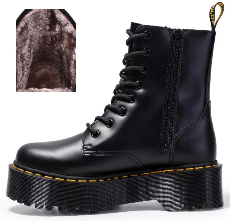 thicken black Зимние Ботинки martin из натуральной кожи; женская обувь на платформе и высоком каблуке на молнии; Женские рабочие ботинки до середины икры с вышивкой; scarpe donna - Цвет: thicken black