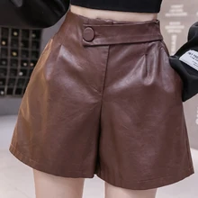 Short en cuir PU pour Femme, taille haute élastique, couleur unie, jambes larges, Sexy, décontracté, nouvelle collection automne hiver 2021 