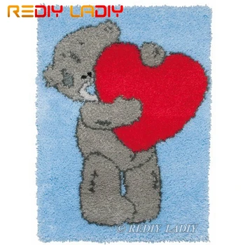 

Latch Hook Kit Make Your Own Rug Bear & Heart Tapestry Crocheted Cushion Mat DIY Carpet Rug Set Pre-Printed Canvas Hobby & Craft