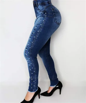 

SZMALL Newest Pop Stylish Beading Pockets Jeans For Female High Waist Long Pencil Jeans Women Casual Pop Trousers