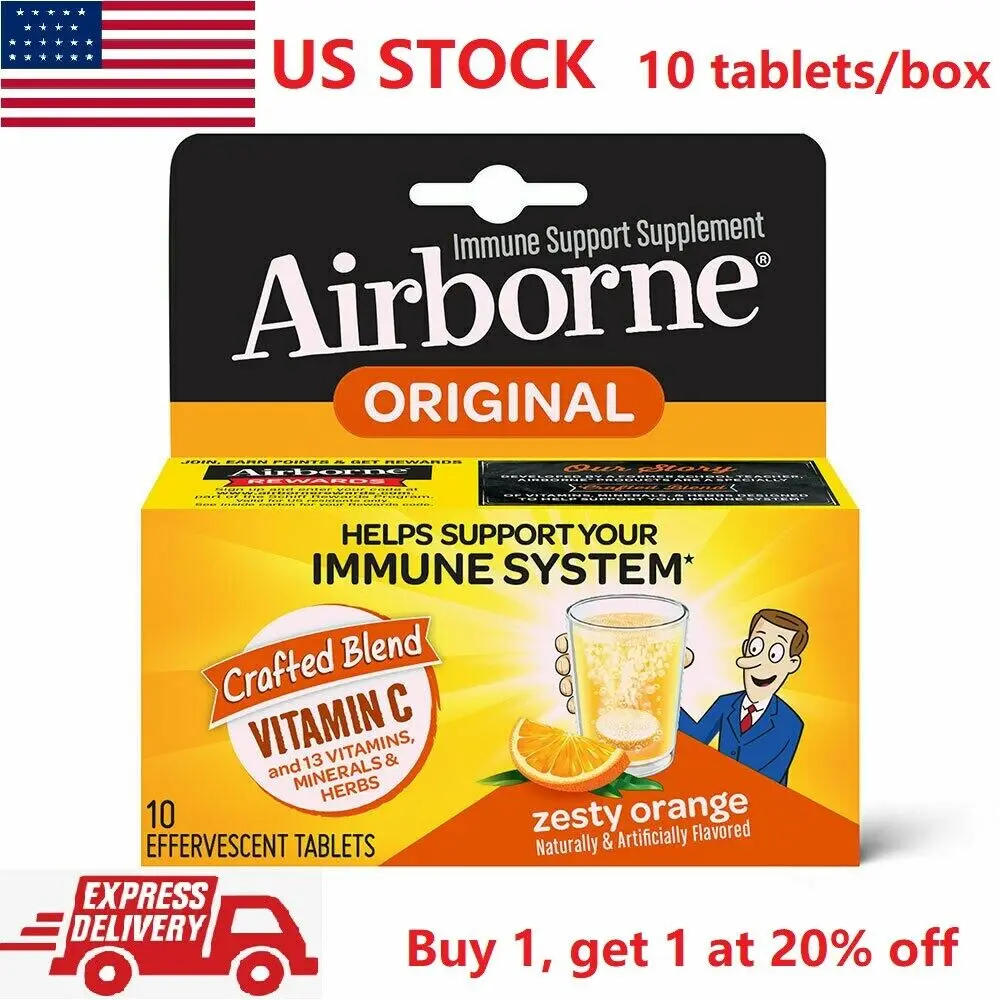 

IN STOCK Airborne Immune Support Vitamin C E Zinc 10 Effervescent Tablets Orange