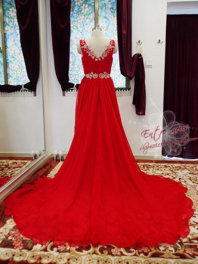 Robe de soiree красное шифоновое длинное платье для выпускного вечера стиль сексуальное с v-образным вырезом А-силуэта с аппликацией вечернее платье, расшитое бисером платья для подружек невесты