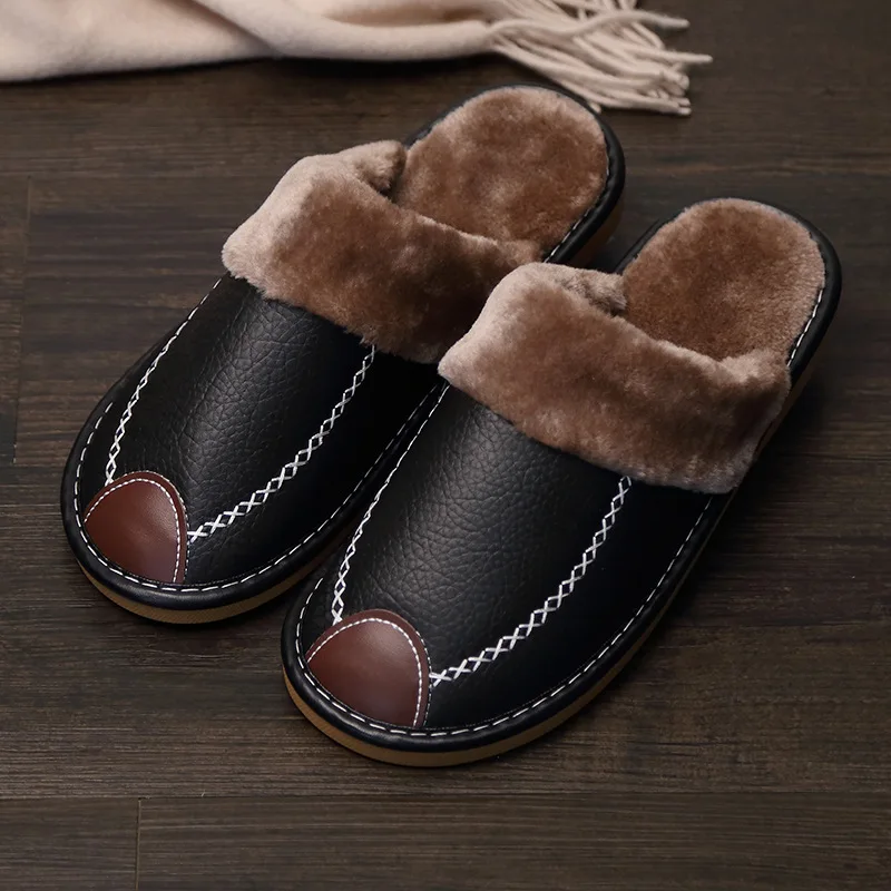 

2020 Men Slippers Black New Winter PU Leather Slippers Warm Indoor Slipper Waterproof Home House Shoes Men Warm Leather Slippers