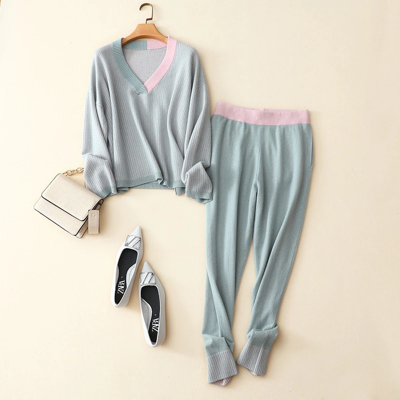 Fashion Women Sport Cashmere Tracksuit Knitted 100 Cashmere Twin Set Ladies Contrast V Neck Sweater Elastic Sweaterpants Women S Sets Aliexpress